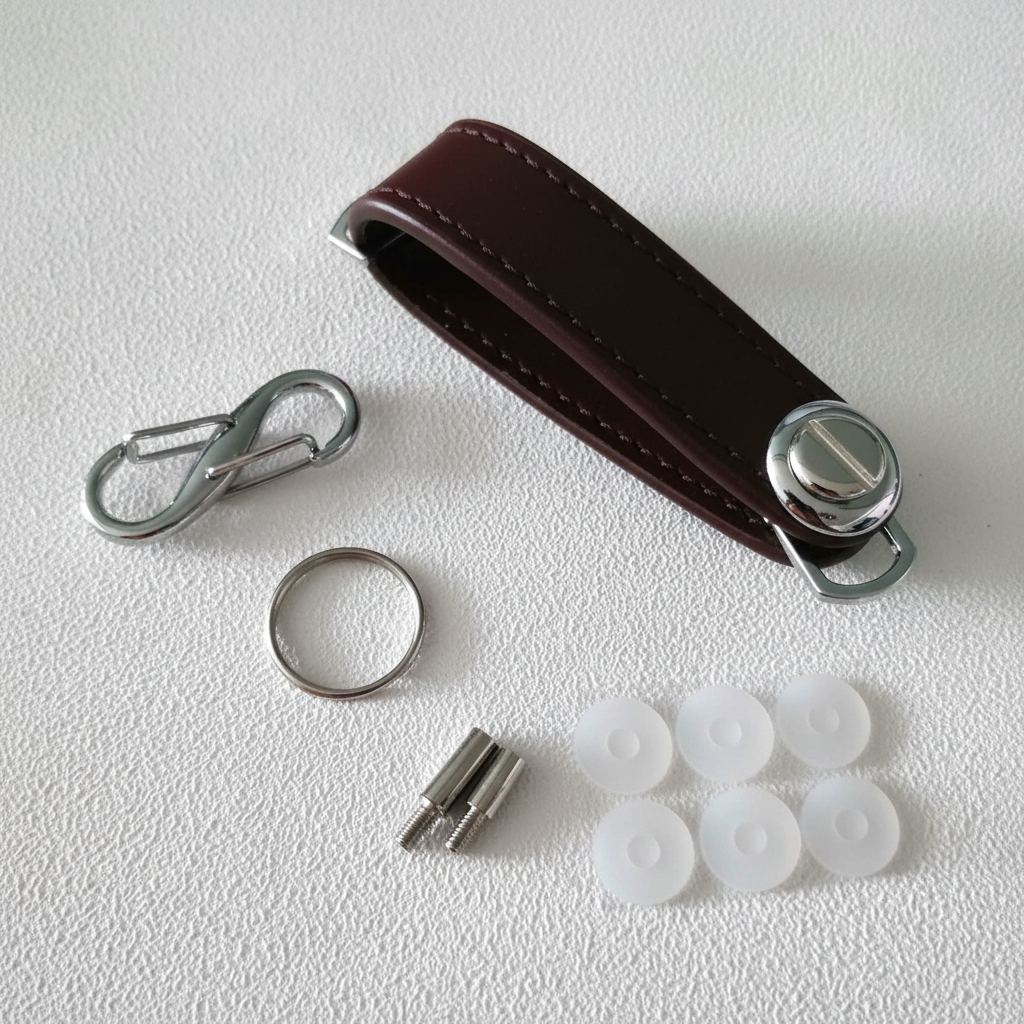 Red leather key organizer keychain with chrome carabiner clip, screw posts, key ring, and silicone pads on grey concrete surface