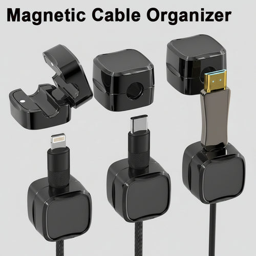 Magnetic cable management clips mounted under a desk for organizing charging cables and USB cords