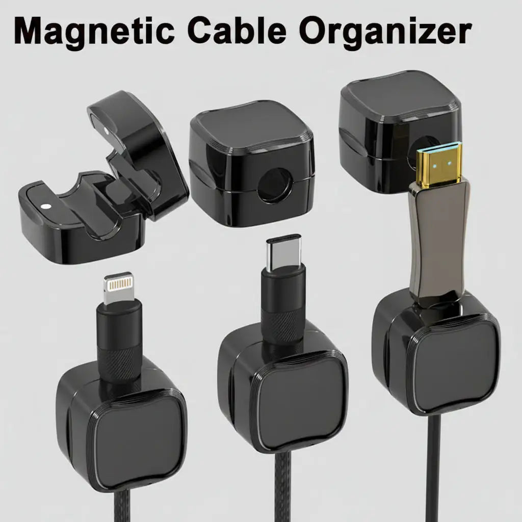 Magnetic cable management clips mounted under a desk for organizing charging cables and USB cords