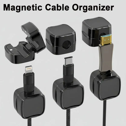 Magnetic cable management clips mounted under a desk for organizing charging cables and USB cords