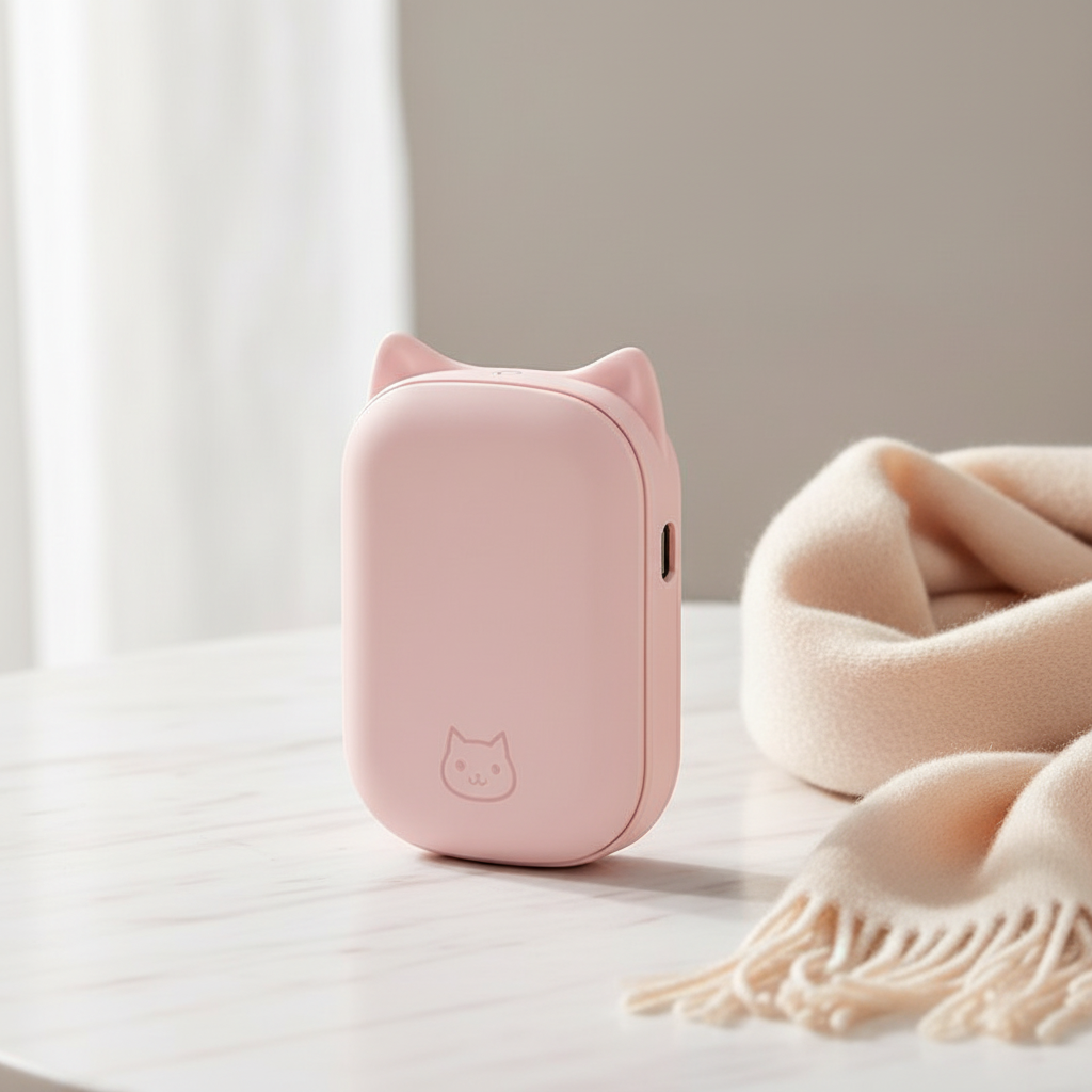 USB hand warmer power bank in pink on marble surface with cashmere scarf, soft natural lighting