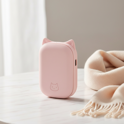 USB hand warmer power bank in pink on marble surface with cashmere scarf, soft natural lighting