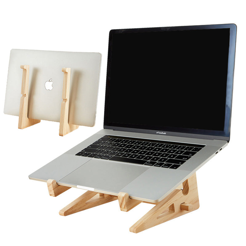 Minimalist wooden laptop riser integrated into a clean and modern professional desk setup