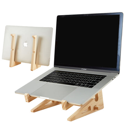 Minimalist wooden laptop riser integrated into a clean and modern professional desk setup