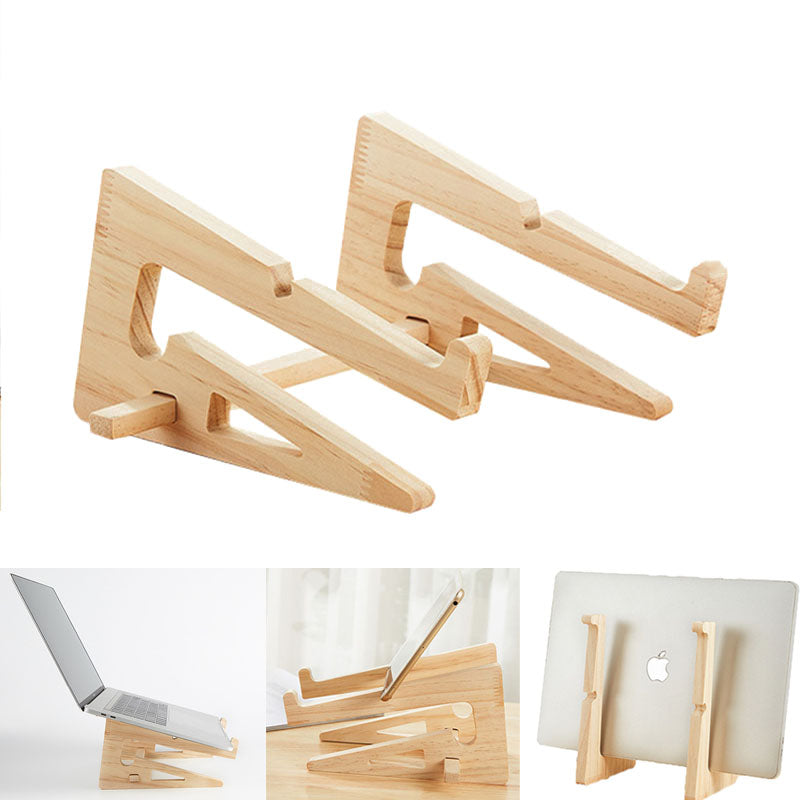 Sturdy wooden laptop stand being used for comfortable viewing while resting on a bed